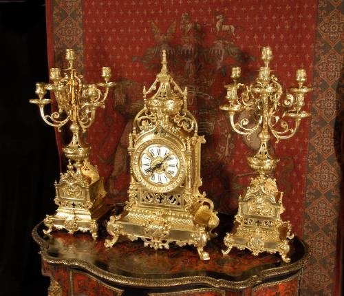 fig 1. Massive Gilt Brass Gothic Clock Set ~ Antique French - Circa 1880 ~